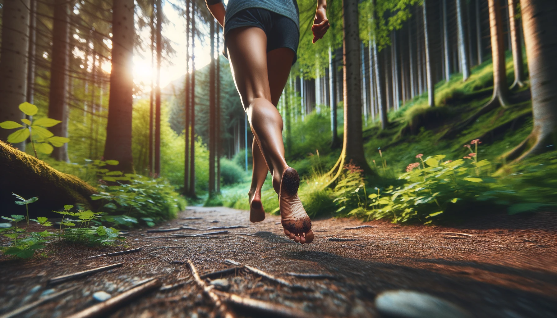 DALL·E 2023-11-10 17.17.02 - A horizontal image capturing a woman running barefoot on a forest trail. The focus is on her feet, vividly showcasing them in motion, mid-run. The sce